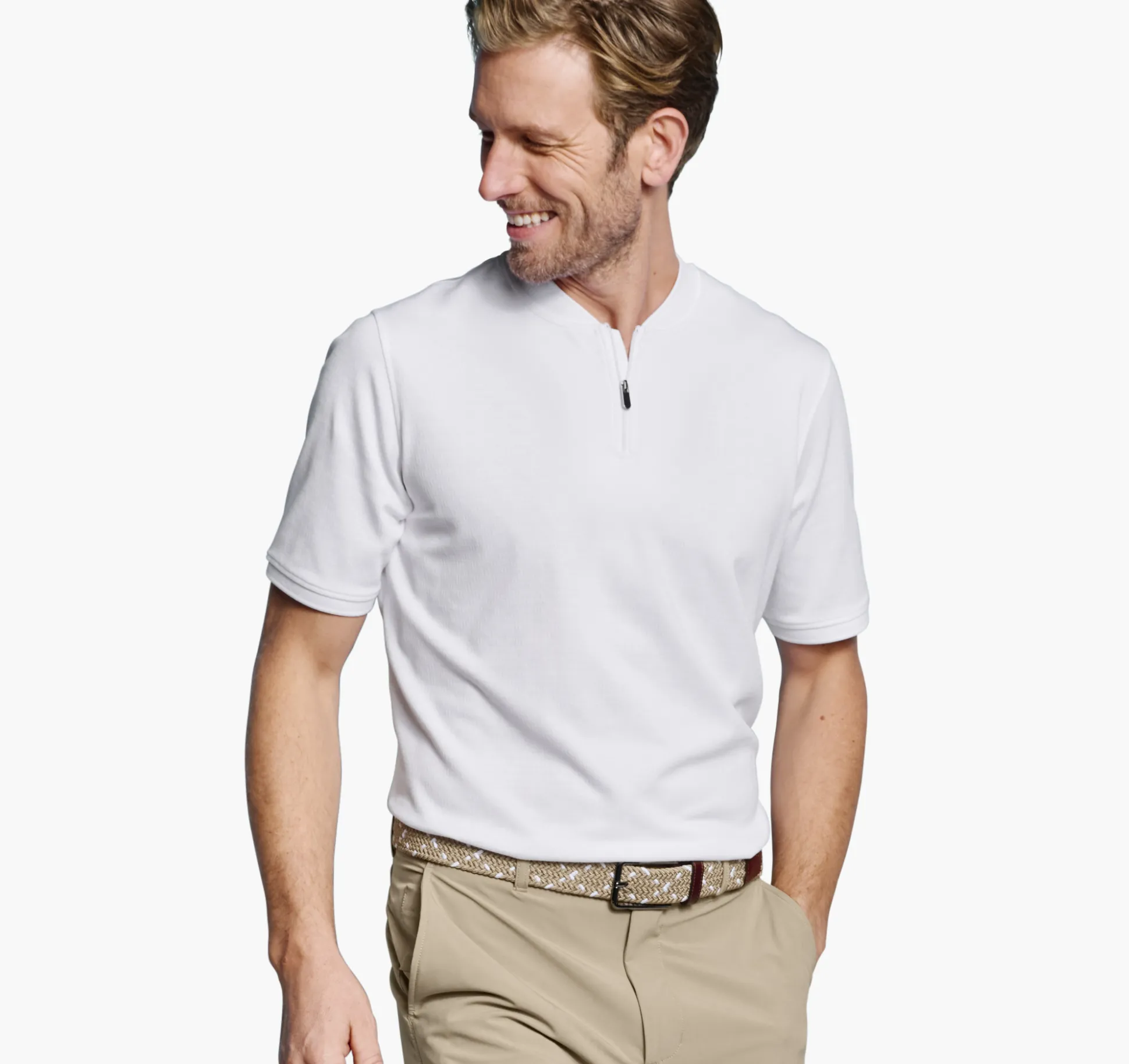 Polos & Tees^Johnston & Murphy Jacquard Zip Polo White