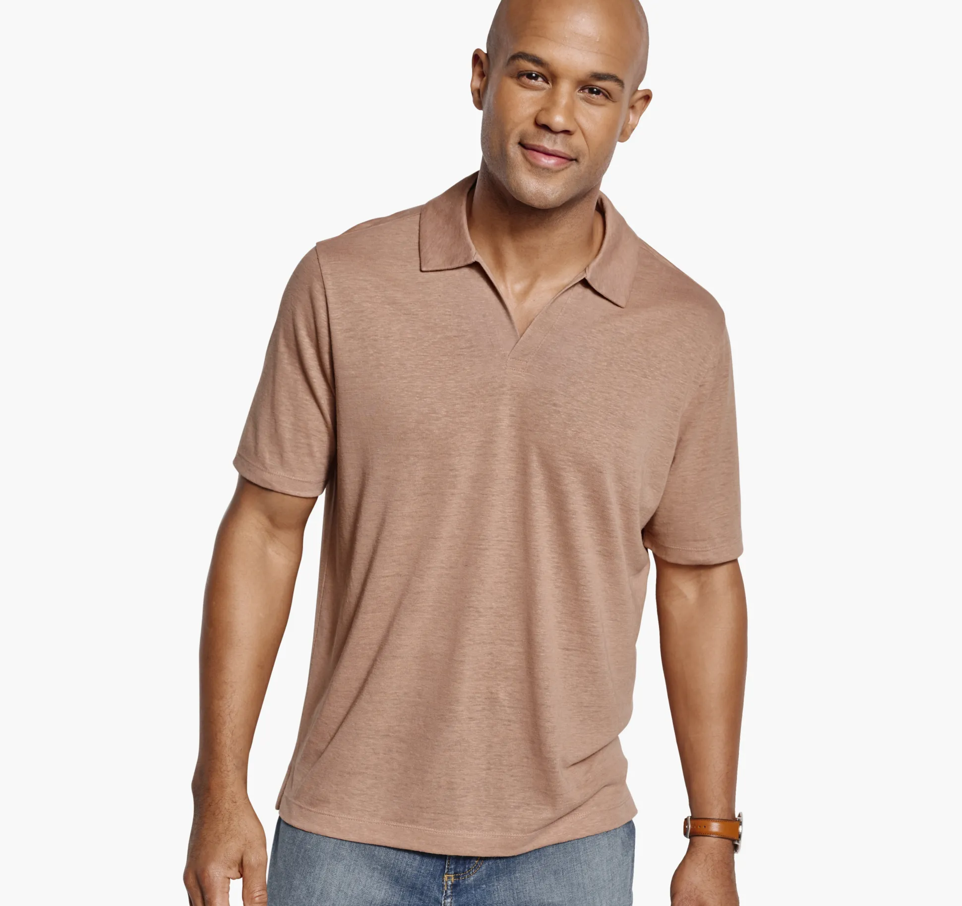 Polos & Tees^Johnston & Murphy Linen-Blend V-Neck Polo Melon