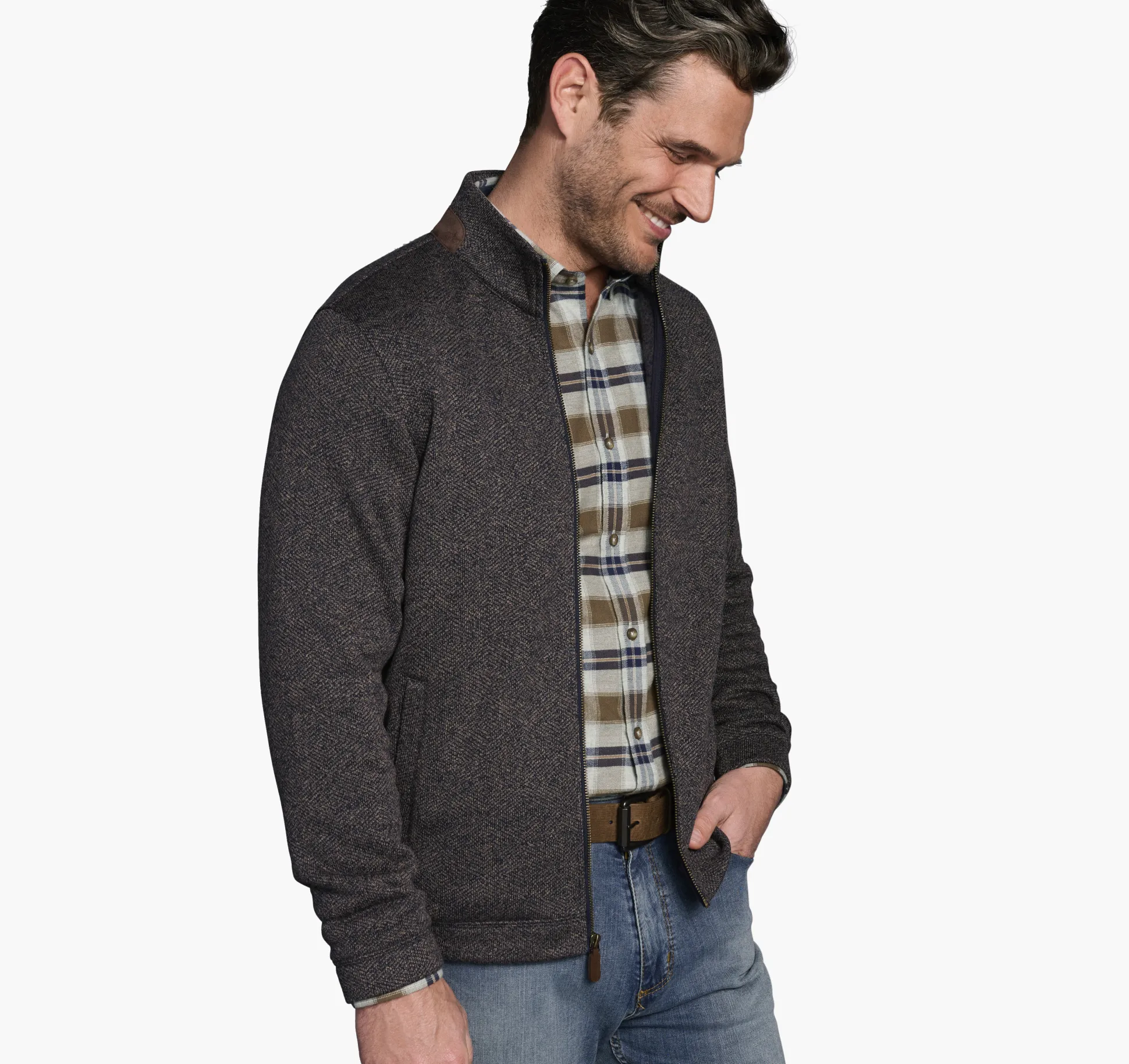 Sweaters & Knits^Johnston & Murphy Marled Ribbed Full Zip Navy/Brown
