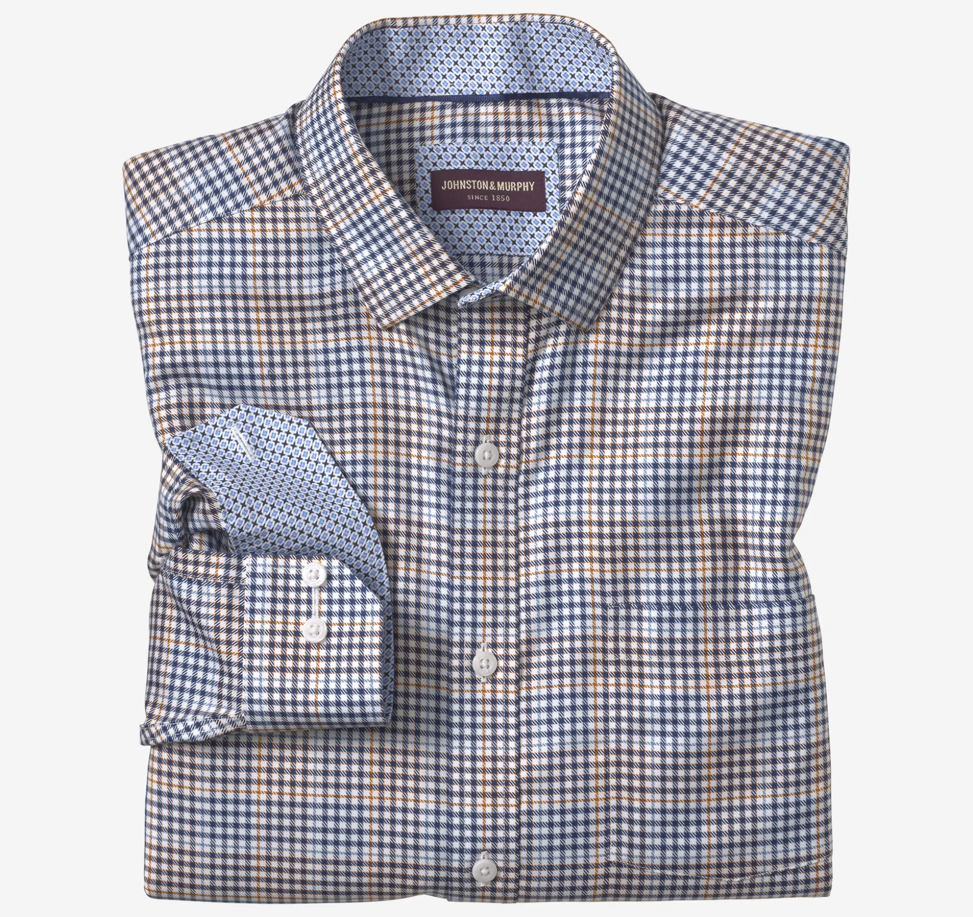 Shirts^Johnston & Murphy Non-Iron Dress Shirt WhiteMultiGlenPlaid