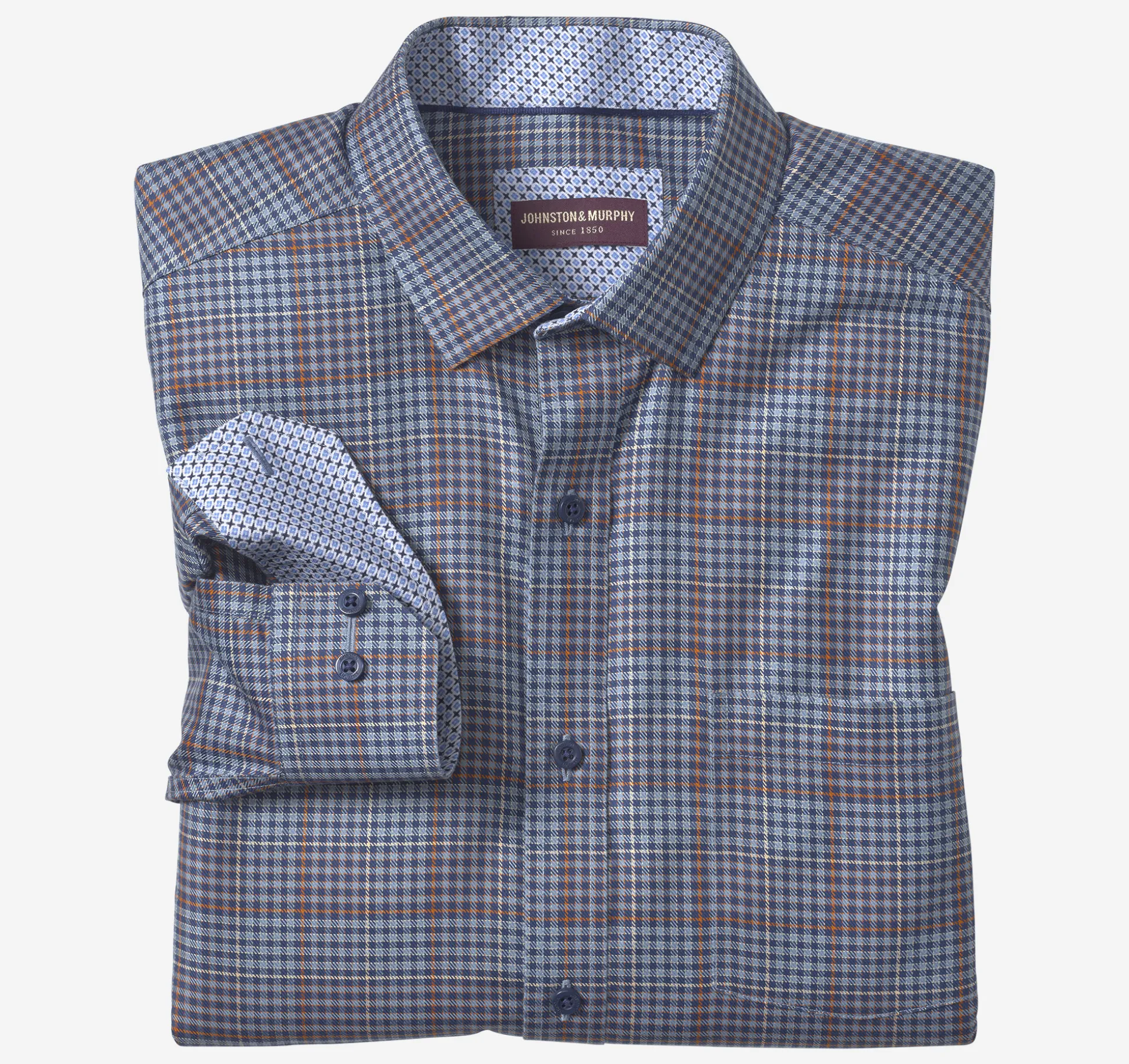 Shirts^Johnston & Murphy Non-Iron Dress Shirt NavyGlenPlaid