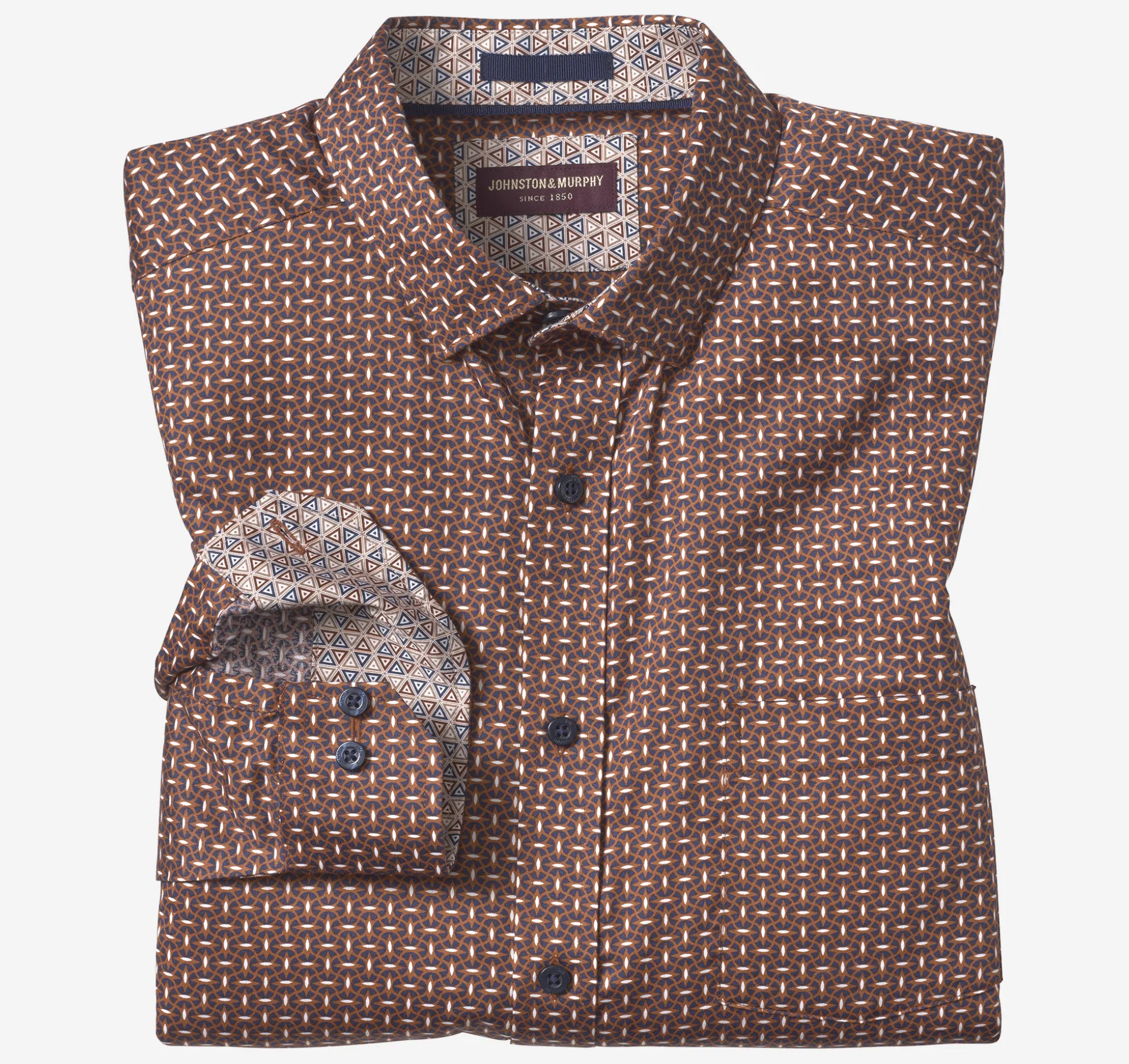 Shirts^Johnston & Murphy Printed Cotton Shirt Rust/NavyLinkedOvals