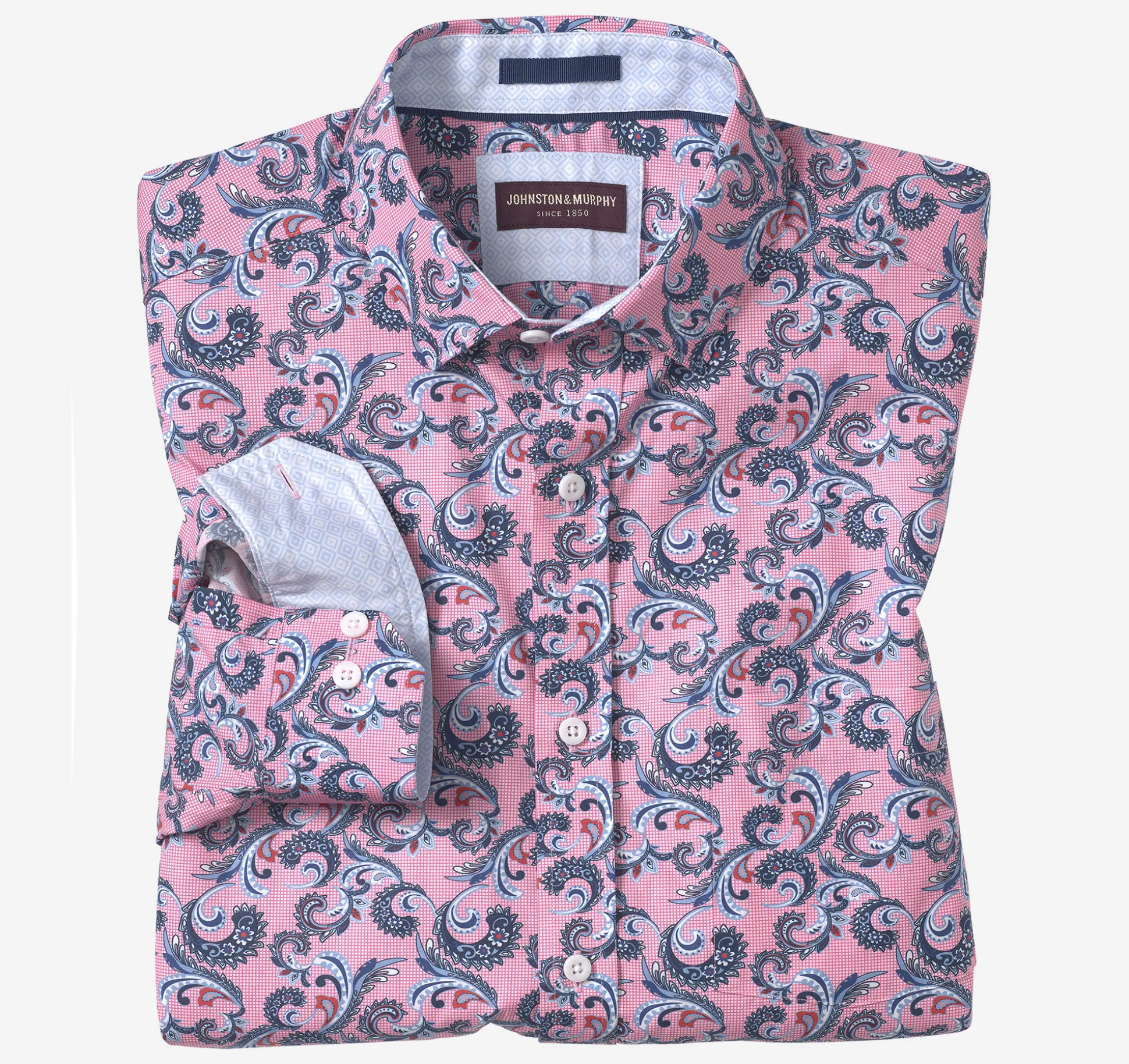 Shirts^Johnston & Murphy Printed Cotton Shirt PinkCheckeredPaisley