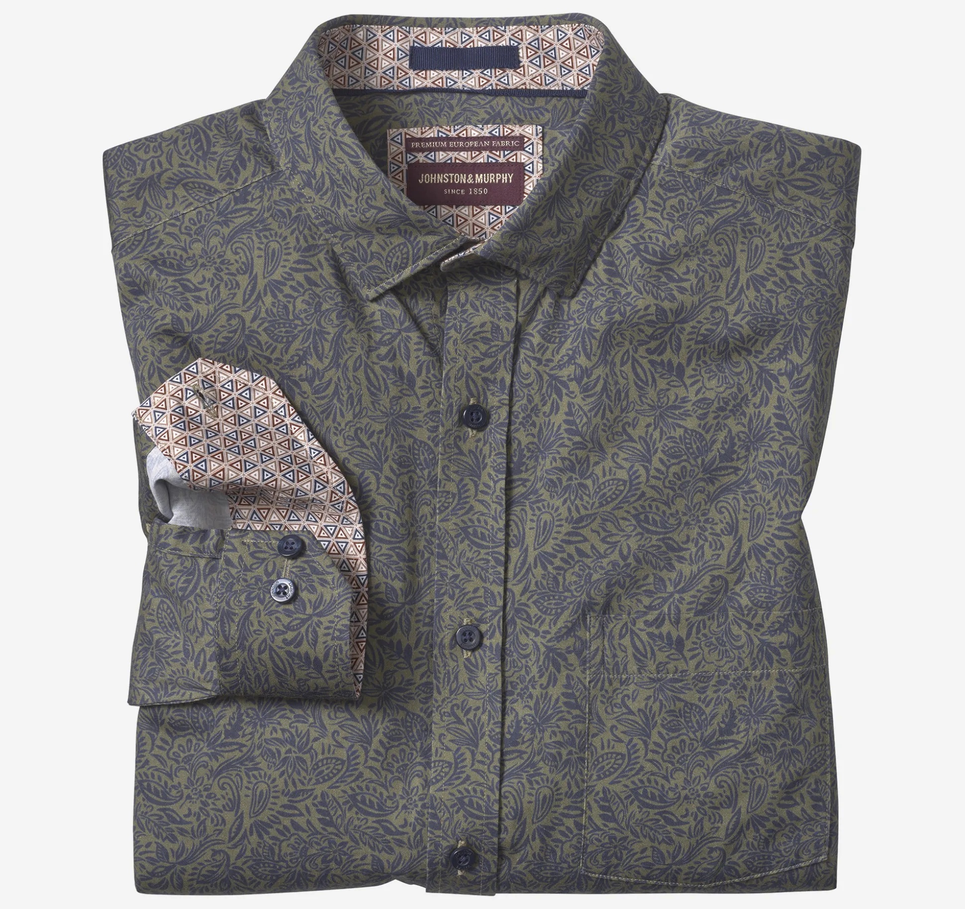 Shirts^Johnston & Murphy Printed Cotton Shirt OliveFoliage