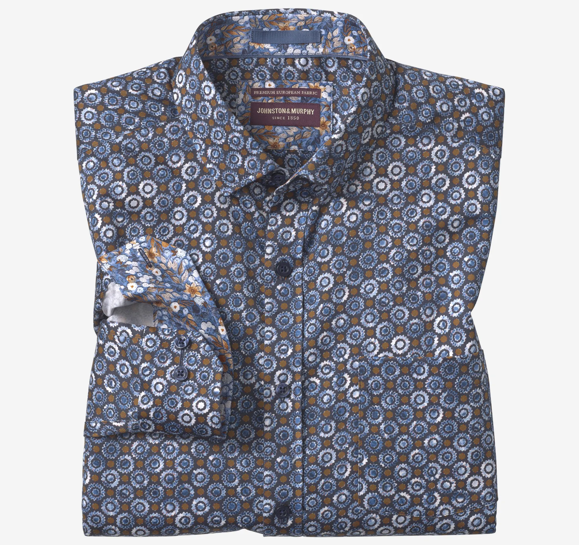 Shirts^Johnston & Murphy Printed Cotton Shirt Navy/BrownPerennial