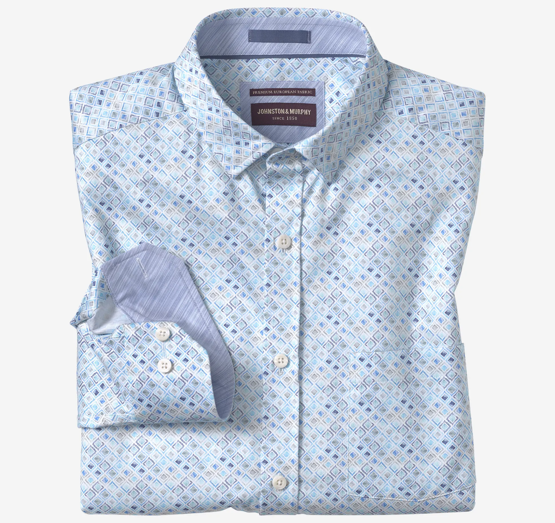 Shirts^Johnston & Murphy Printed Cotton Shirt AquaWatercolorDiamond