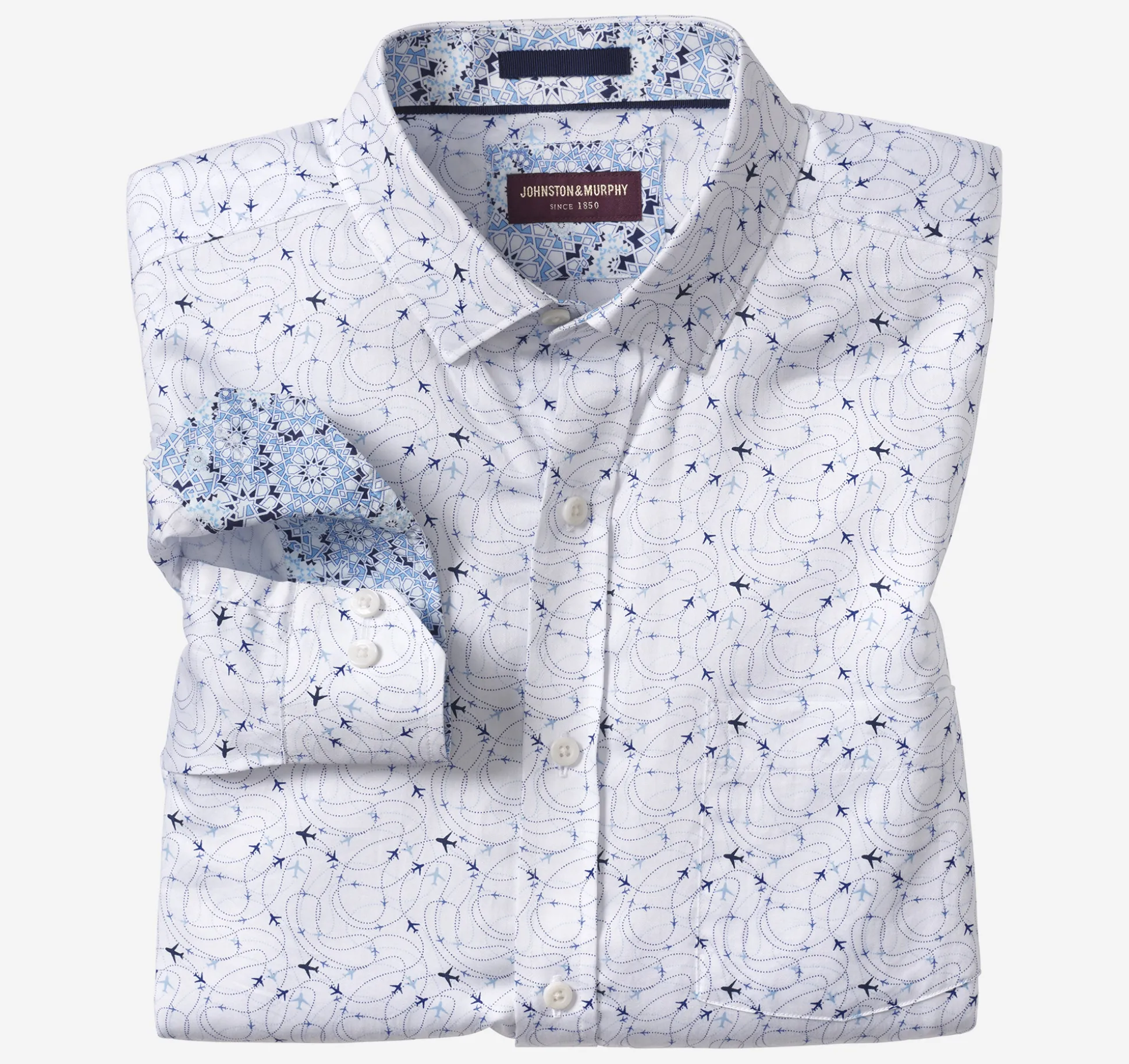 Shirts^Johnston & Murphy Printed Cotton Shirt WhiteAirplane