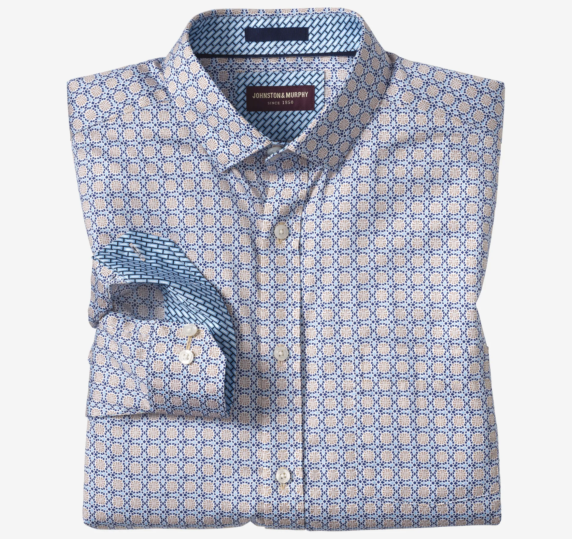Shirts^Johnston & Murphy Printed Cotton Shirt LightBlueTile