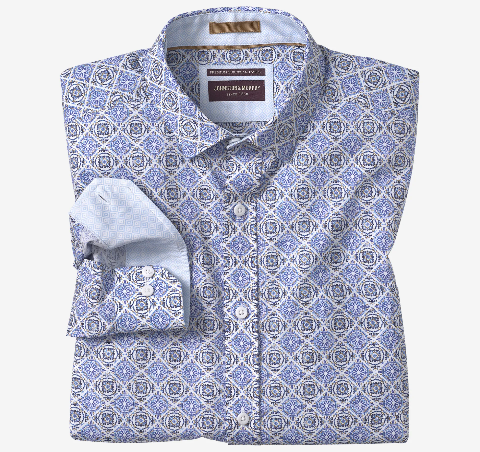 Shirts^Johnston & Murphy Printed Cotton Shirt BlueMosaicTile