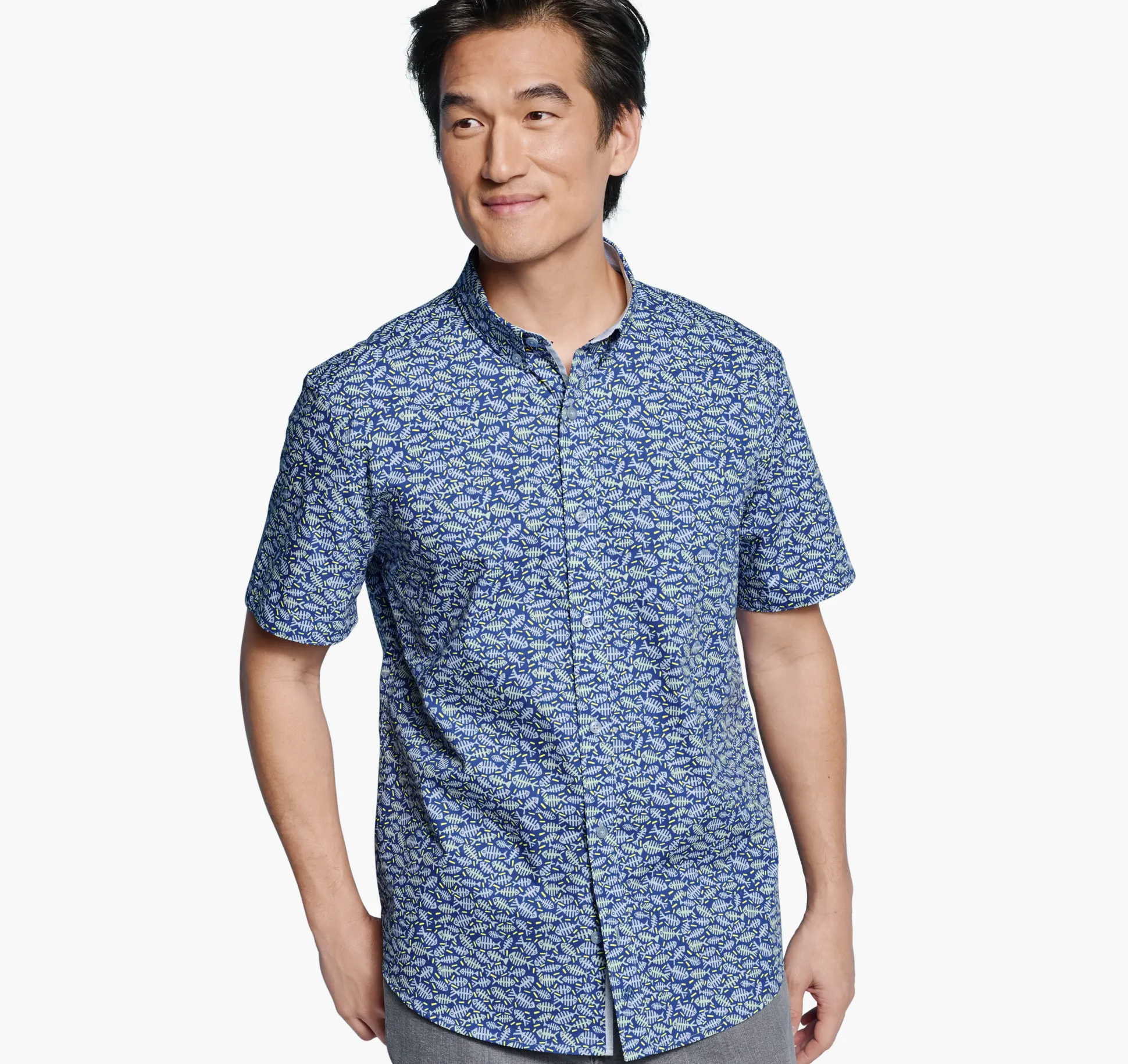 Short-sleeve Shirts^Johnston & Murphy Printed Cotton Short-Sleeve Shirt NavyFishbone