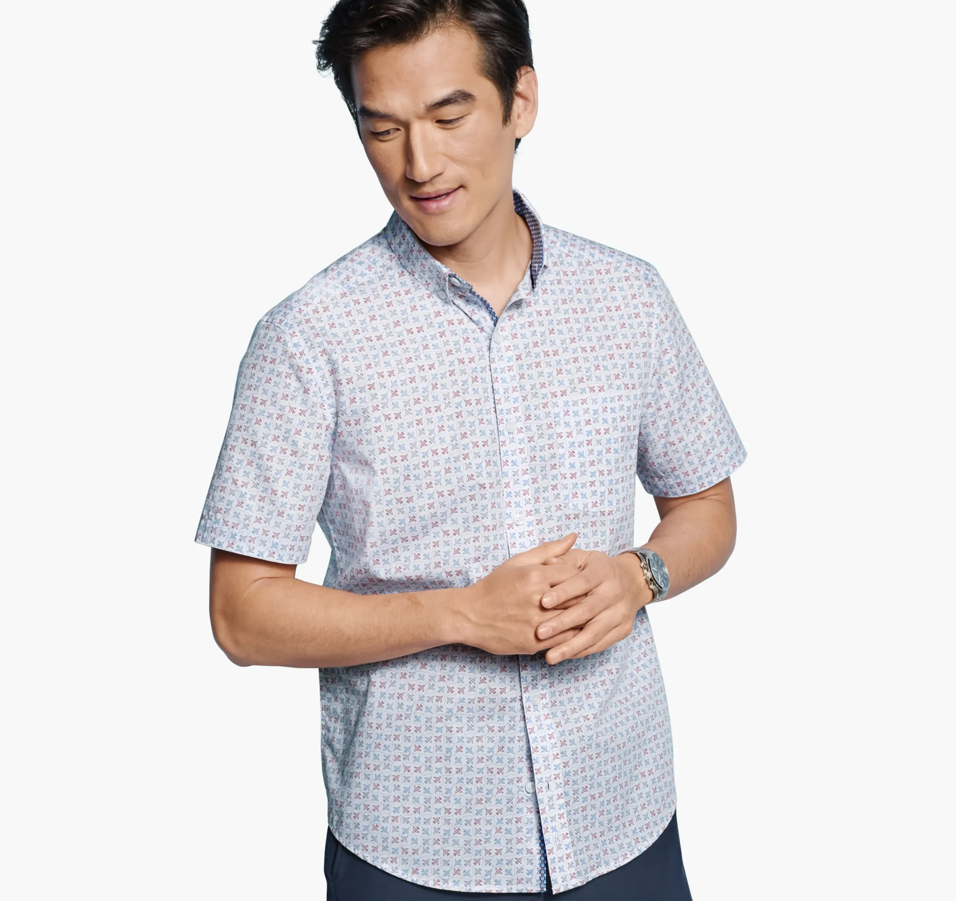 Short-sleeve Shirts^Johnston & Murphy Printed Cotton Short-Sleeve Shirt WhiteFlyingAirplane