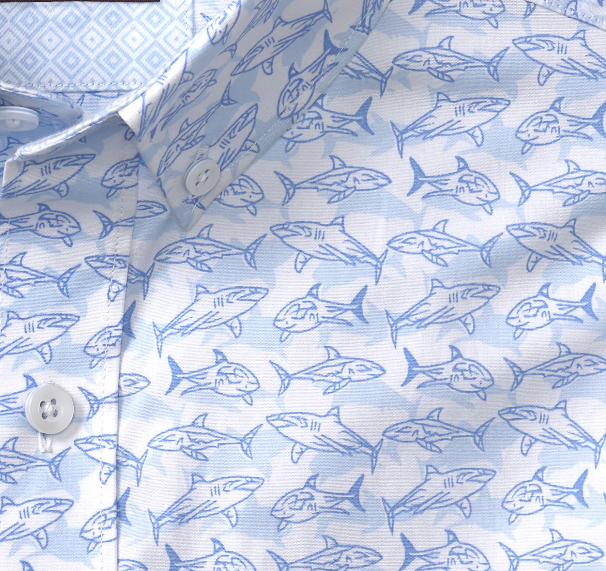 Short-sleeve Shirts^Johnston & Murphy Printed Cotton Short-Sleeve Shirt White/BlueShadowShark