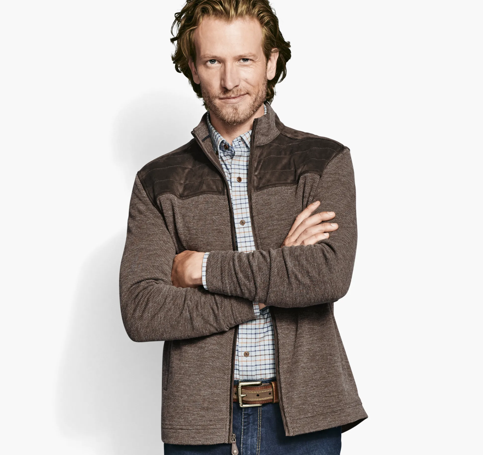 Sweaters & Knits^Johnston & Murphy Quilted-Yoke Full-Zip Brown