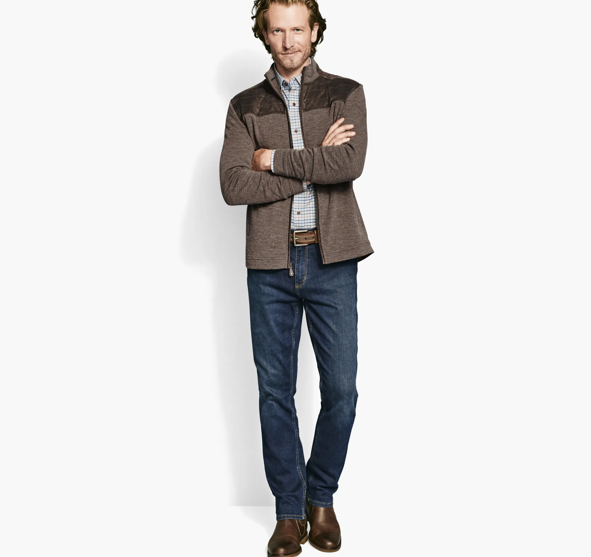 Sweaters & Knits^Johnston & Murphy Quilted-Yoke Full-Zip Brown