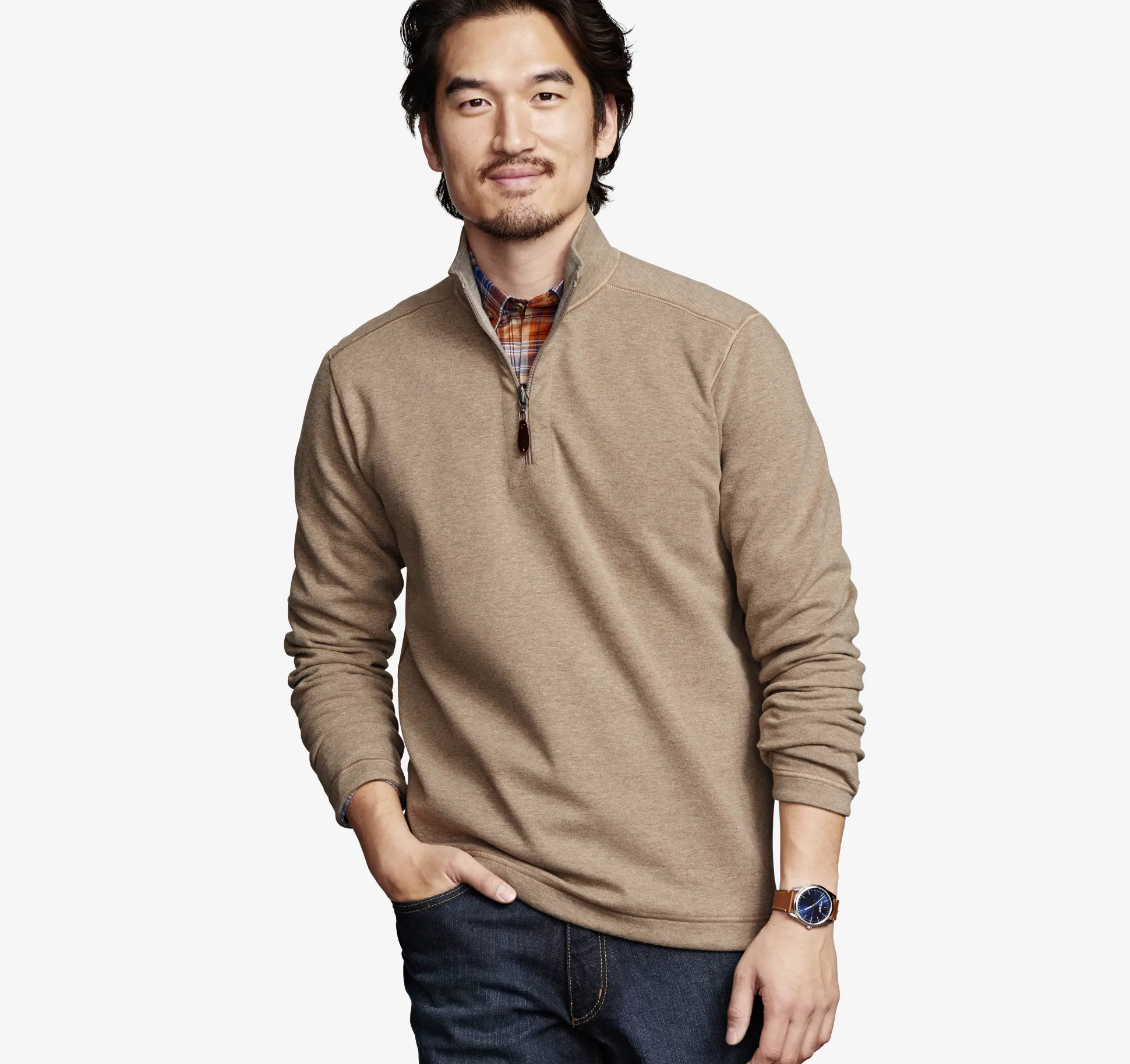 Sweaters & Knits^Johnston & Murphy Reversible Solid Quarter-Zip Oatmeal/LightGray