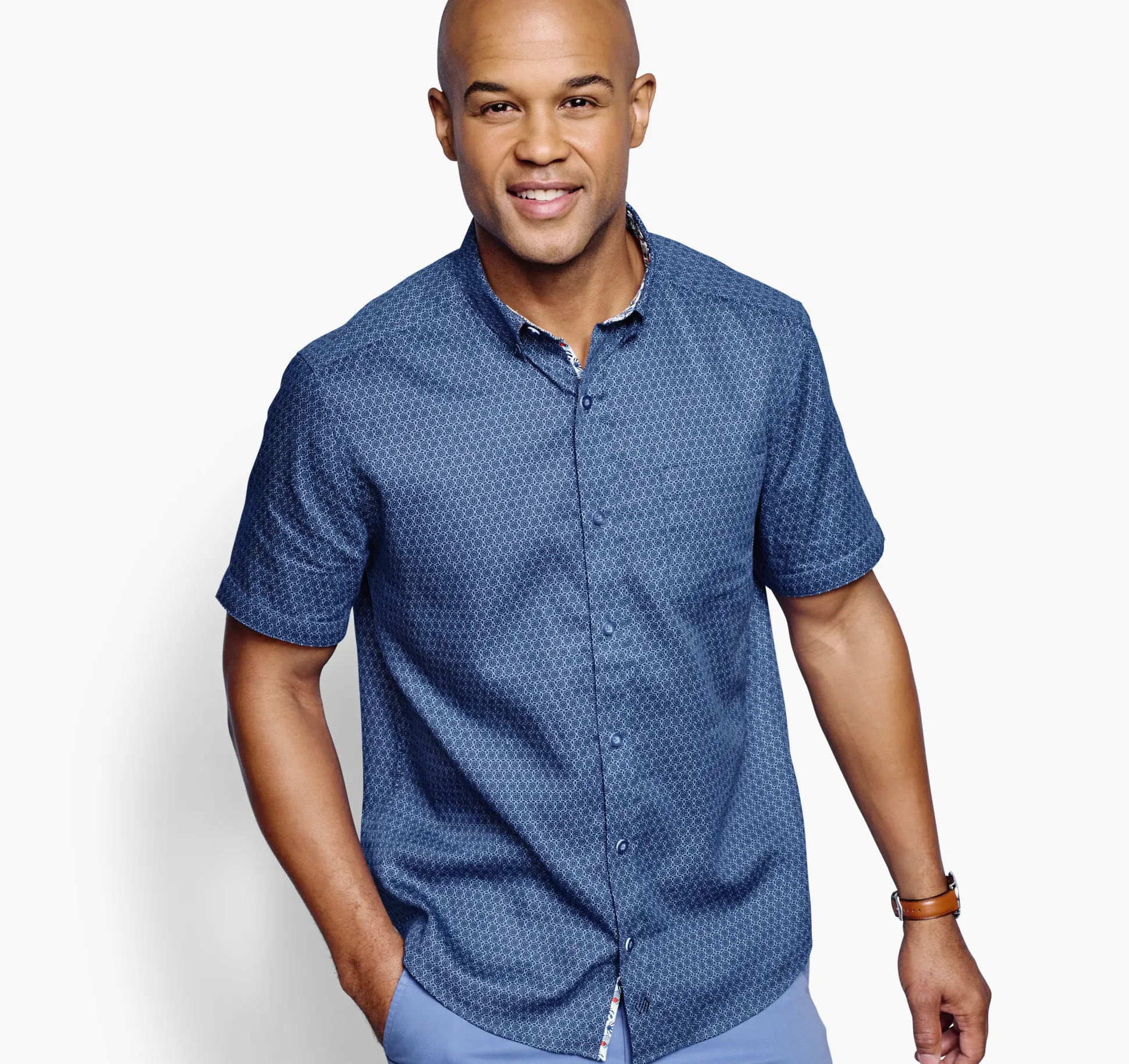 Short-sleeve Shirts^Johnston & Murphy Textured Cotton Short-Sleeve Shirt NavyLinkedFlower