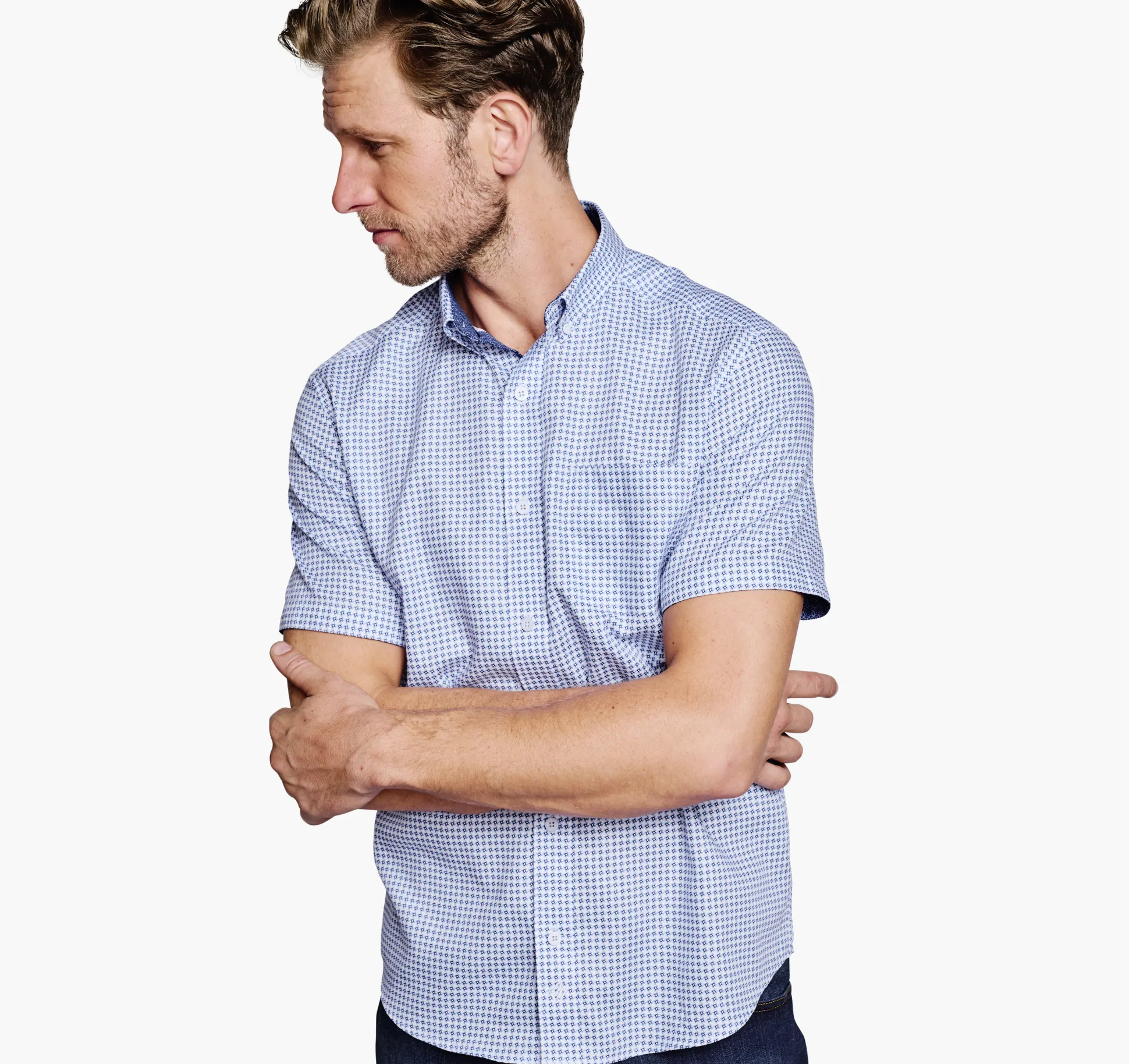Short-sleeve Shirts^Johnston & Murphy Textured Cotton Short-Sleeve Shirt BlueGeoTurbine