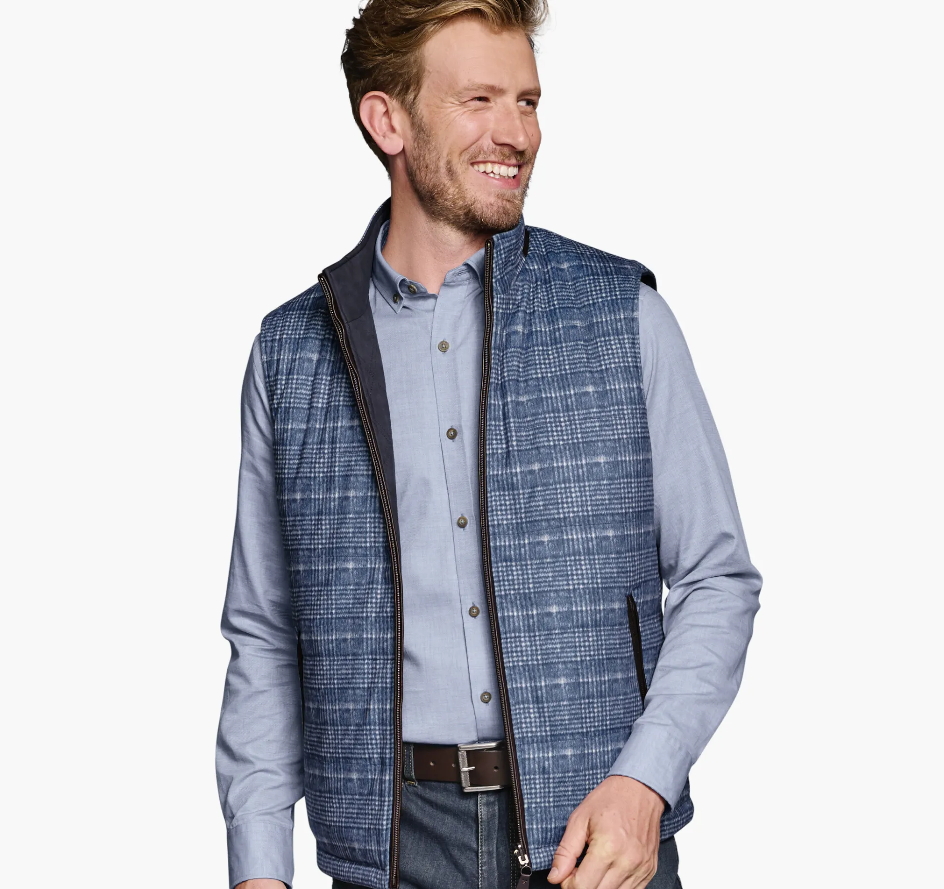 Coats, Jackets & Vests^Johnston & Murphy Upton Reversible Vest BluePlaid/Navy
