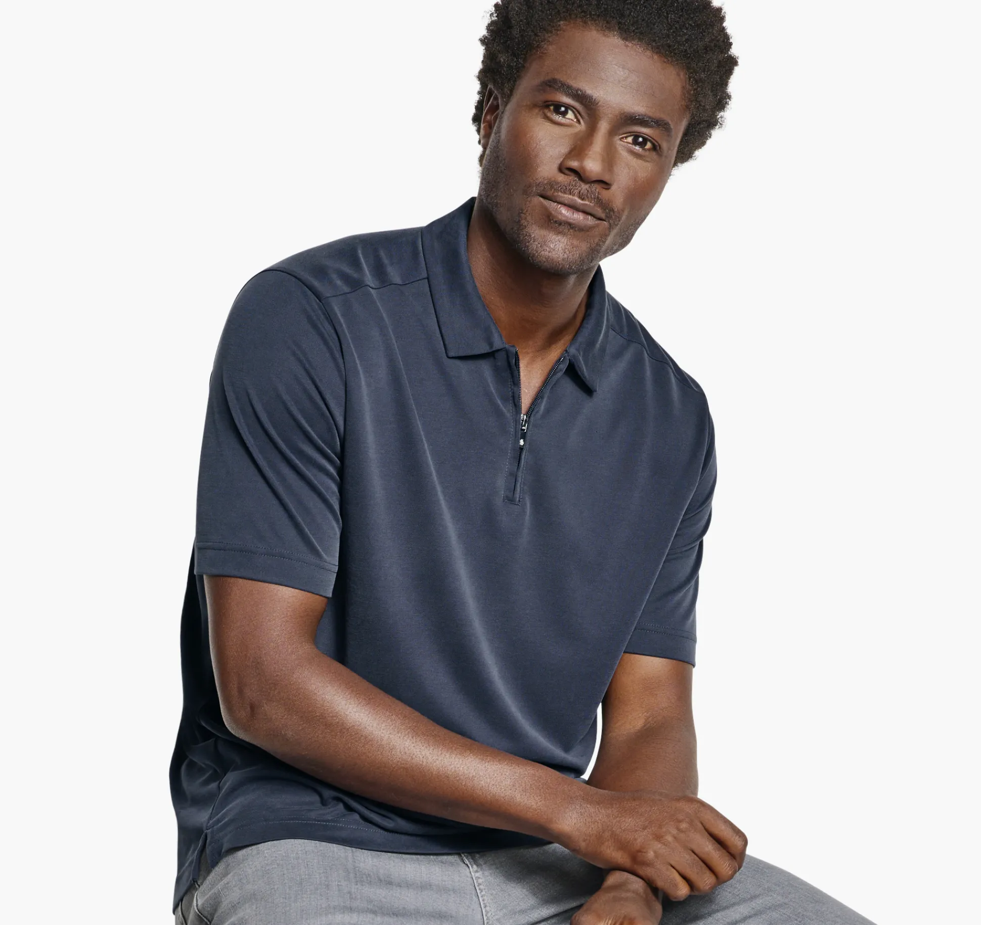 Polos & Tees^Johnston & Murphy Vintage Birdseye Zip Polo Navy