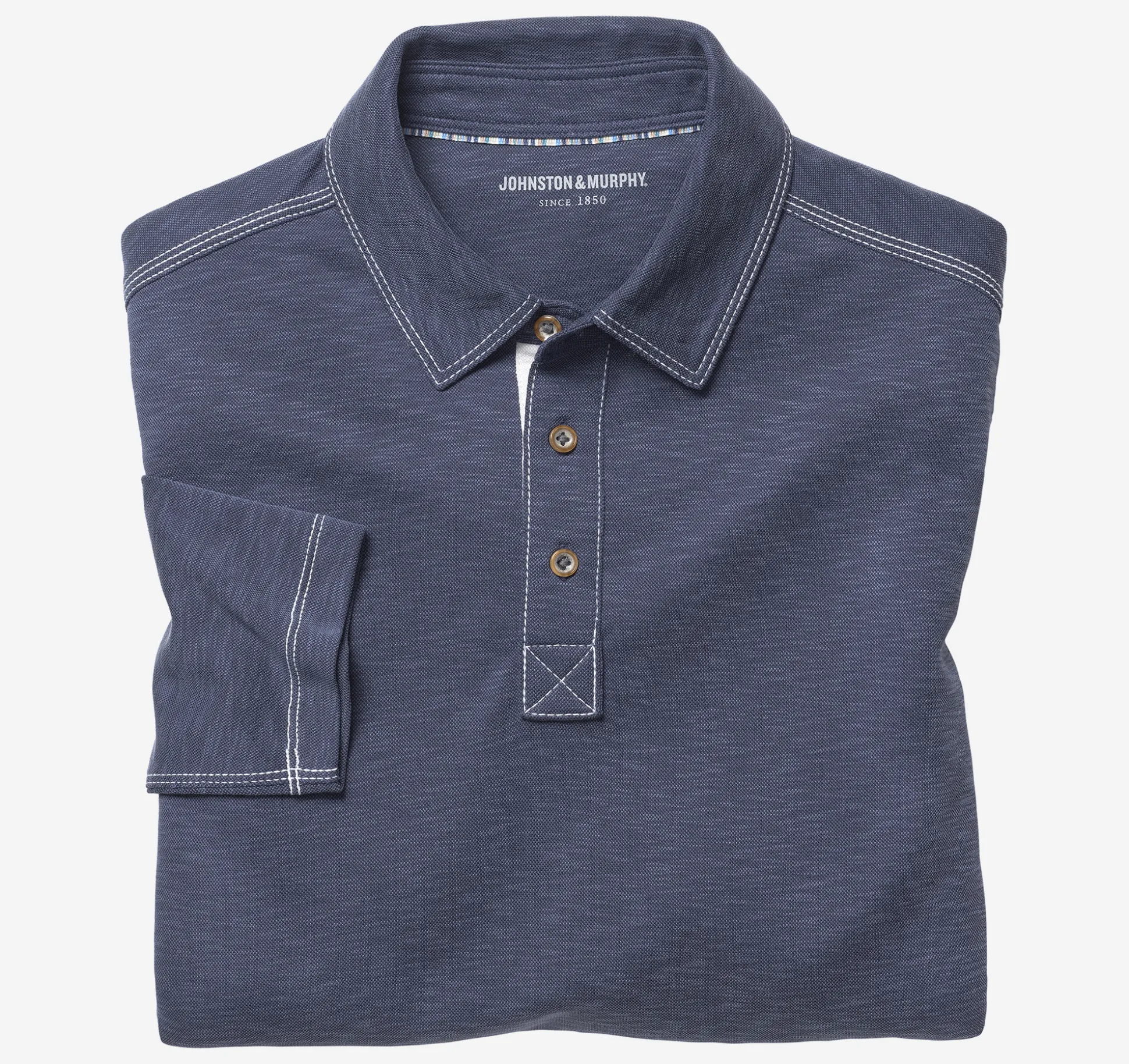 Polos & Tees^Johnston & Murphy Vintage Slub Long-Sleeve Polo Navy