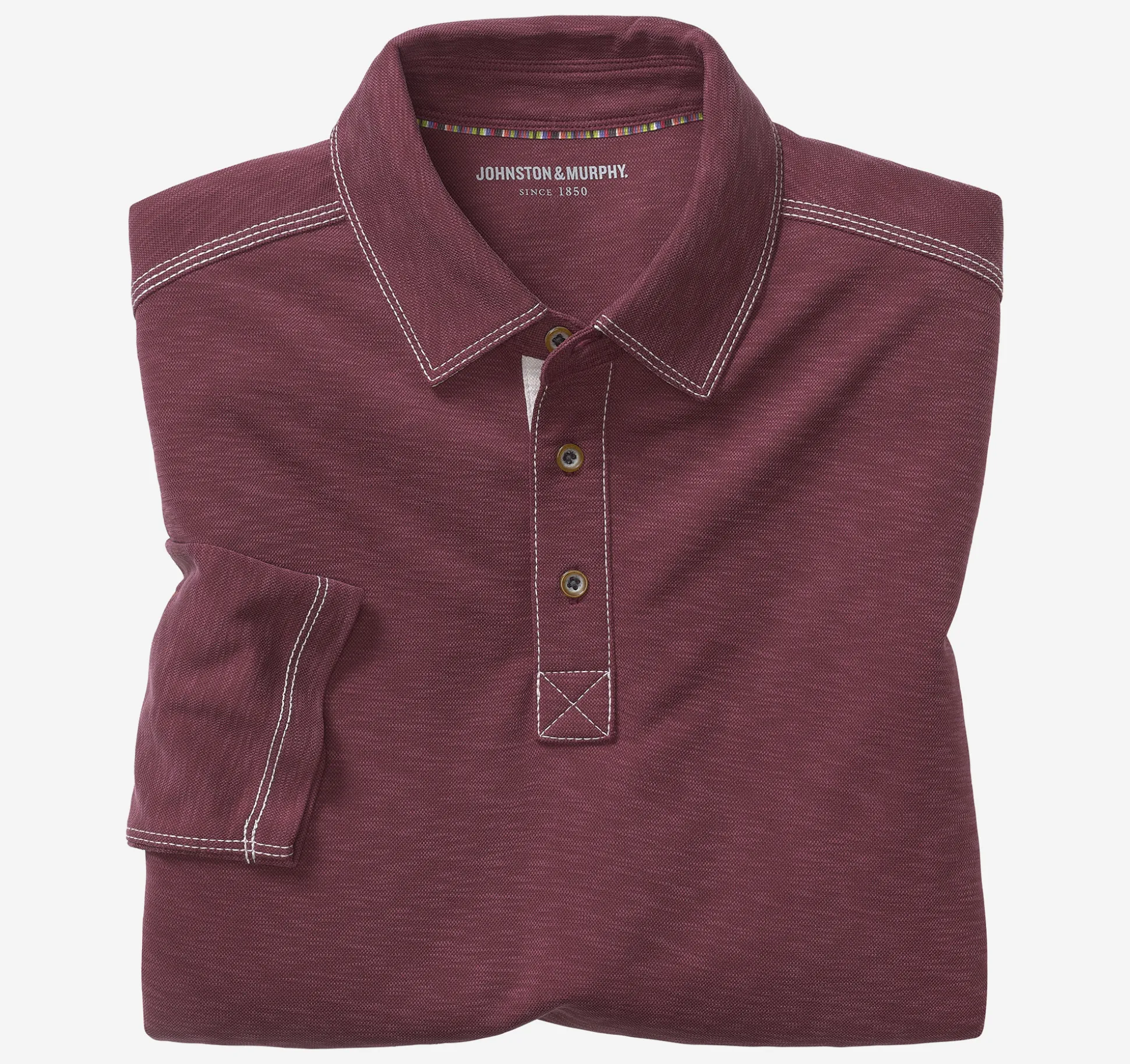 Polos & Tees^Johnston & Murphy Vintage Slub Long-Sleeve Polo Burgundy