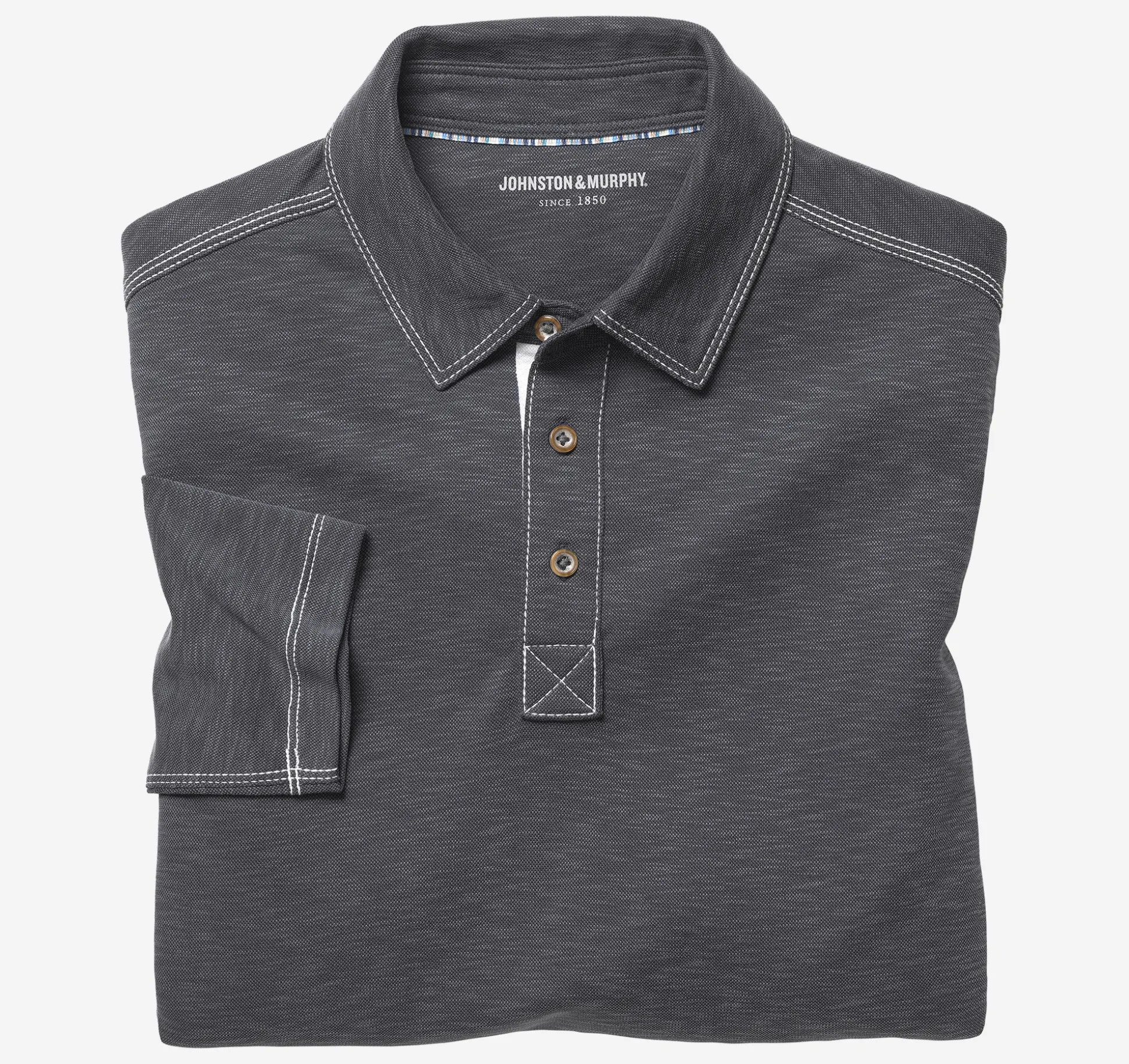 Polos & Tees^Johnston & Murphy Vintage Slub Long-Sleeve Polo Charcoal