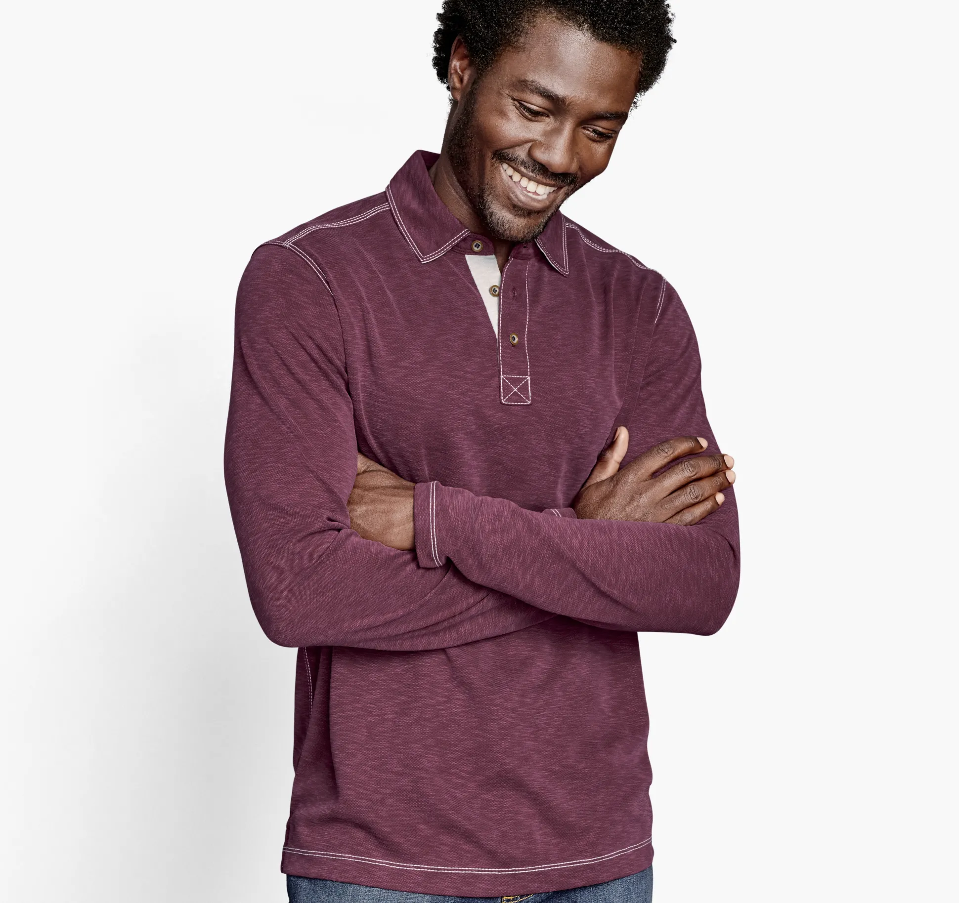 Polos & Tees^Johnston & Murphy Vintage Slub Long-Sleeve Polo Burgundy