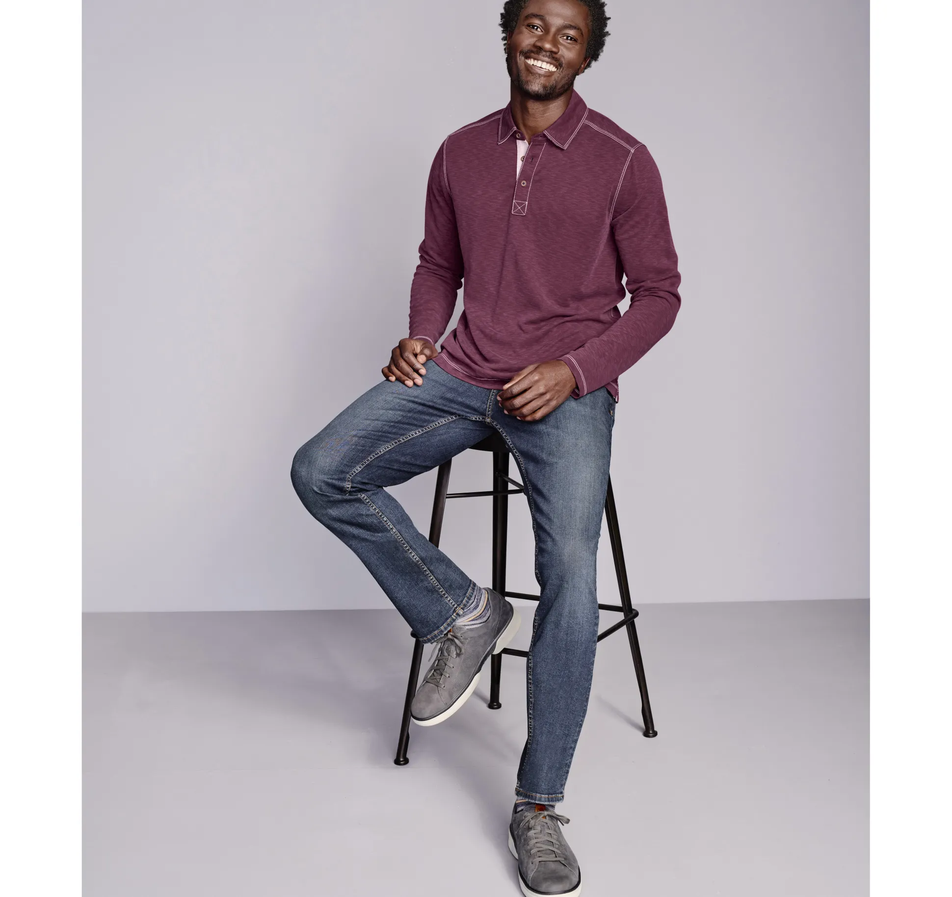 Polos & Tees^Johnston & Murphy Vintage Slub Long-Sleeve Polo Burgundy