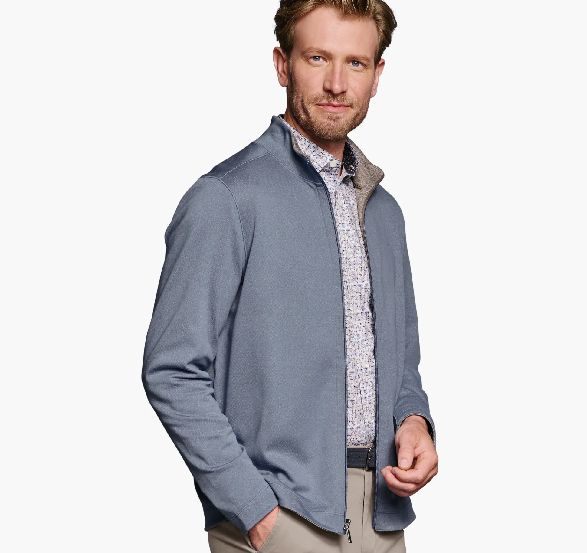 Sweaters & Knits^Johnston & Murphy XC4® Reversible Full Zip LightBlue/Tan